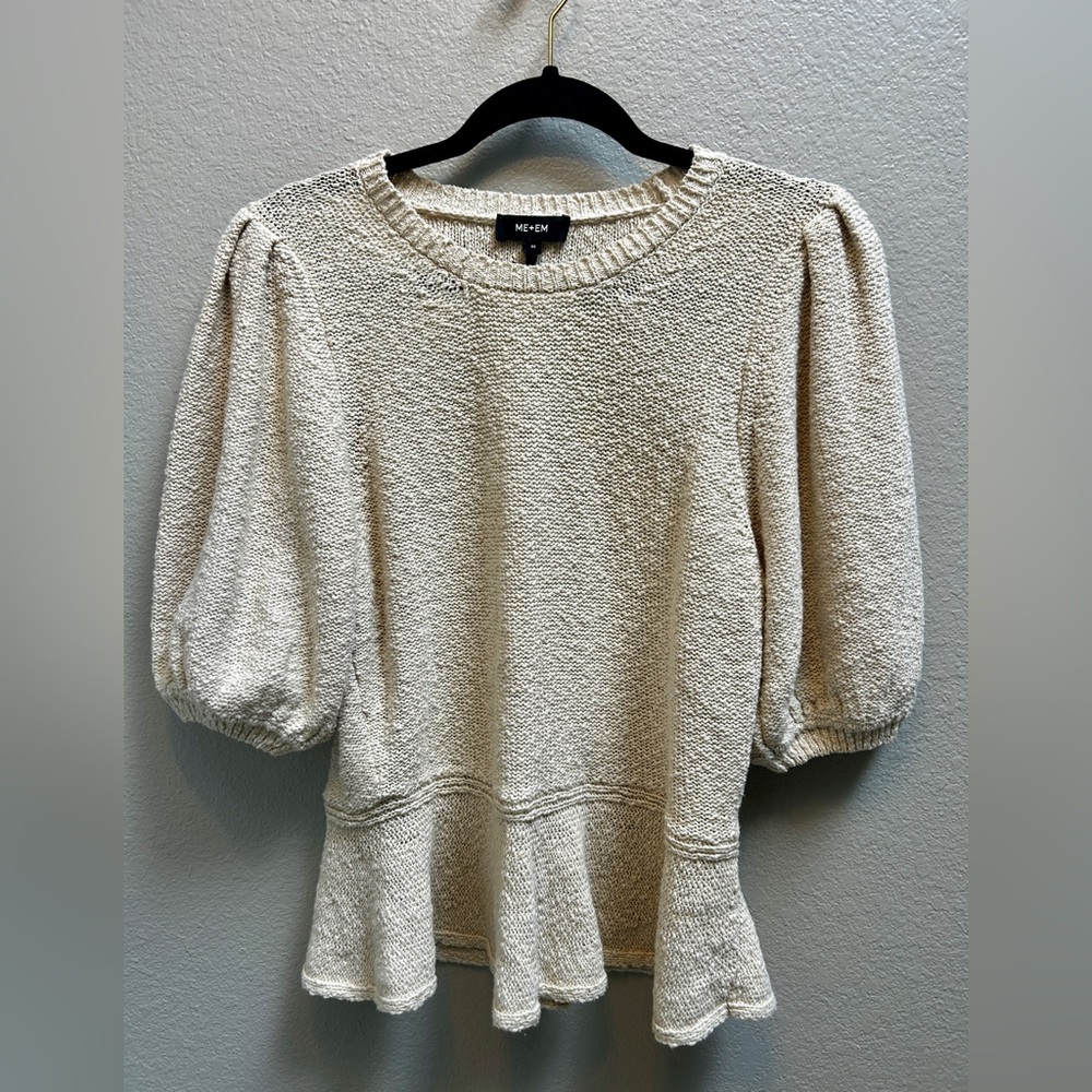 ME+EM Ivory Short Sleeve Peplum Sweater Cotton Linen Size Medium